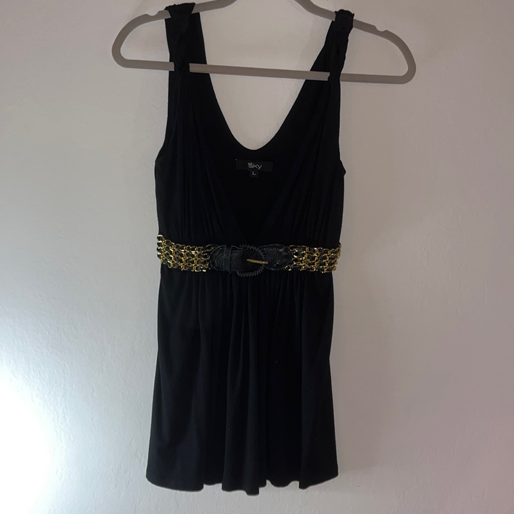 SKY TOP Solid BLACK DEEP V neck BELTED Chain TOP